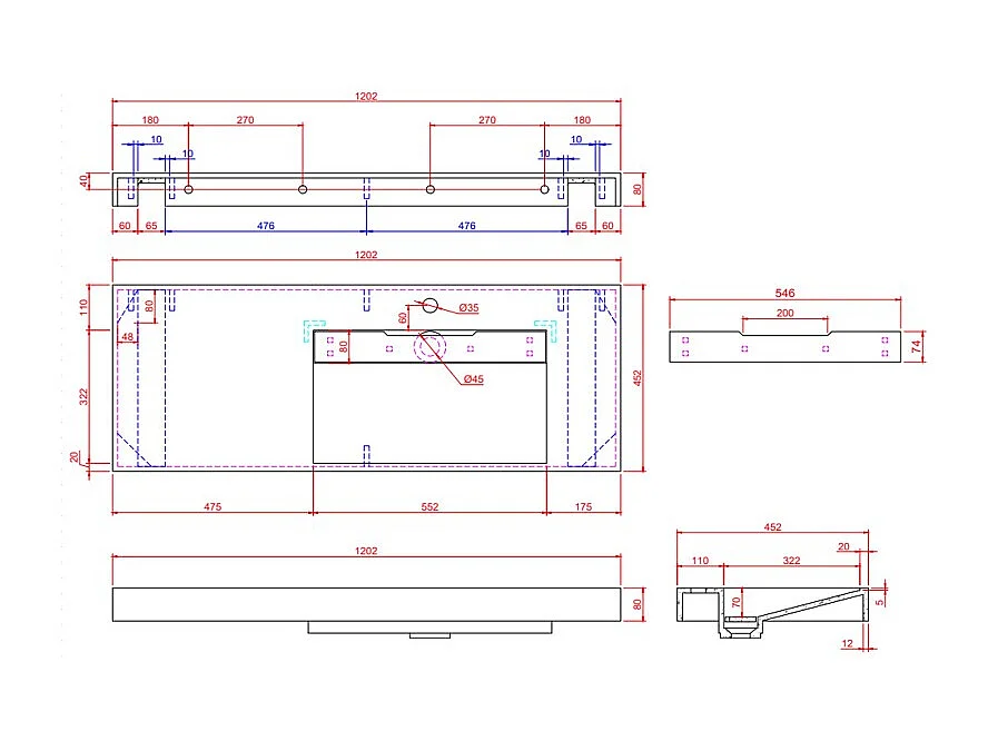 Hangende wastafel van solid surface met zwart marmereffect - 120 x 45 x 8 cm - OKAPA