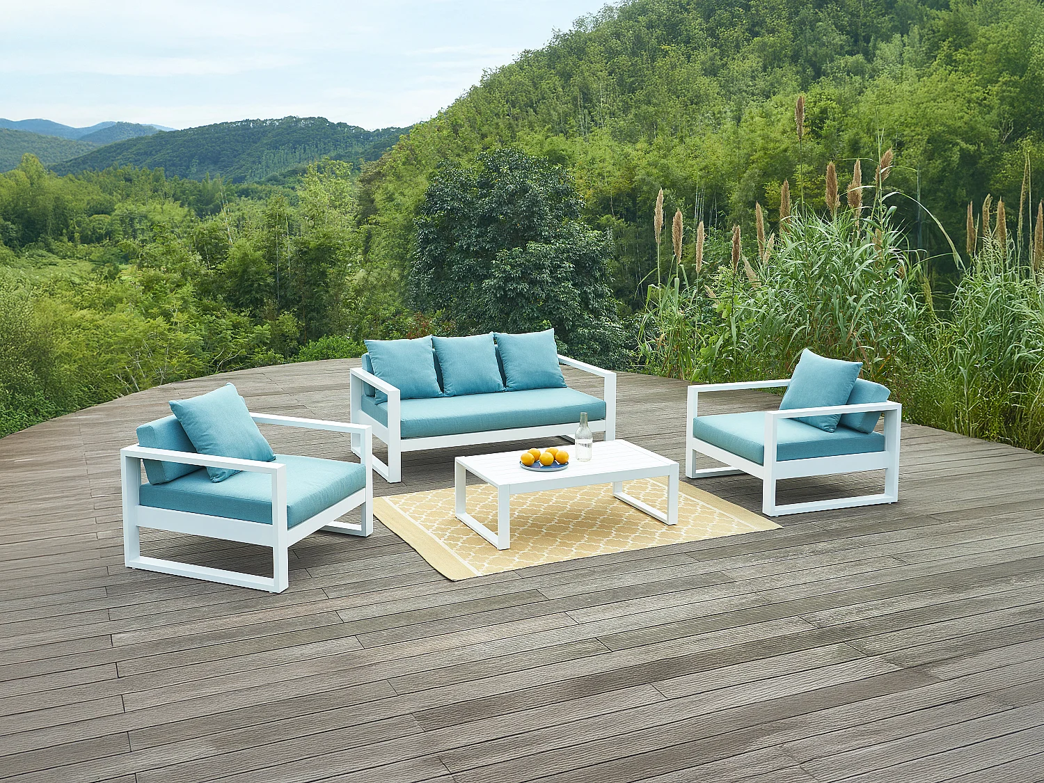 Canapé de jardin 3 places en aluminium - Blanc avec coussins bleus - MOLOKAI de MYLIA