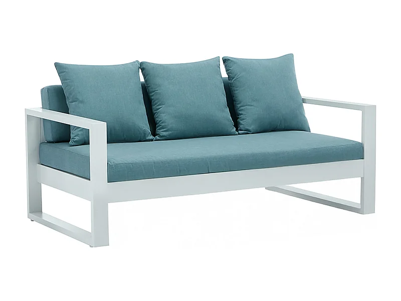 Canapé de jardin 3 places en aluminium - Blanc avec coussins bleus - MOLOKAI de MYLIA