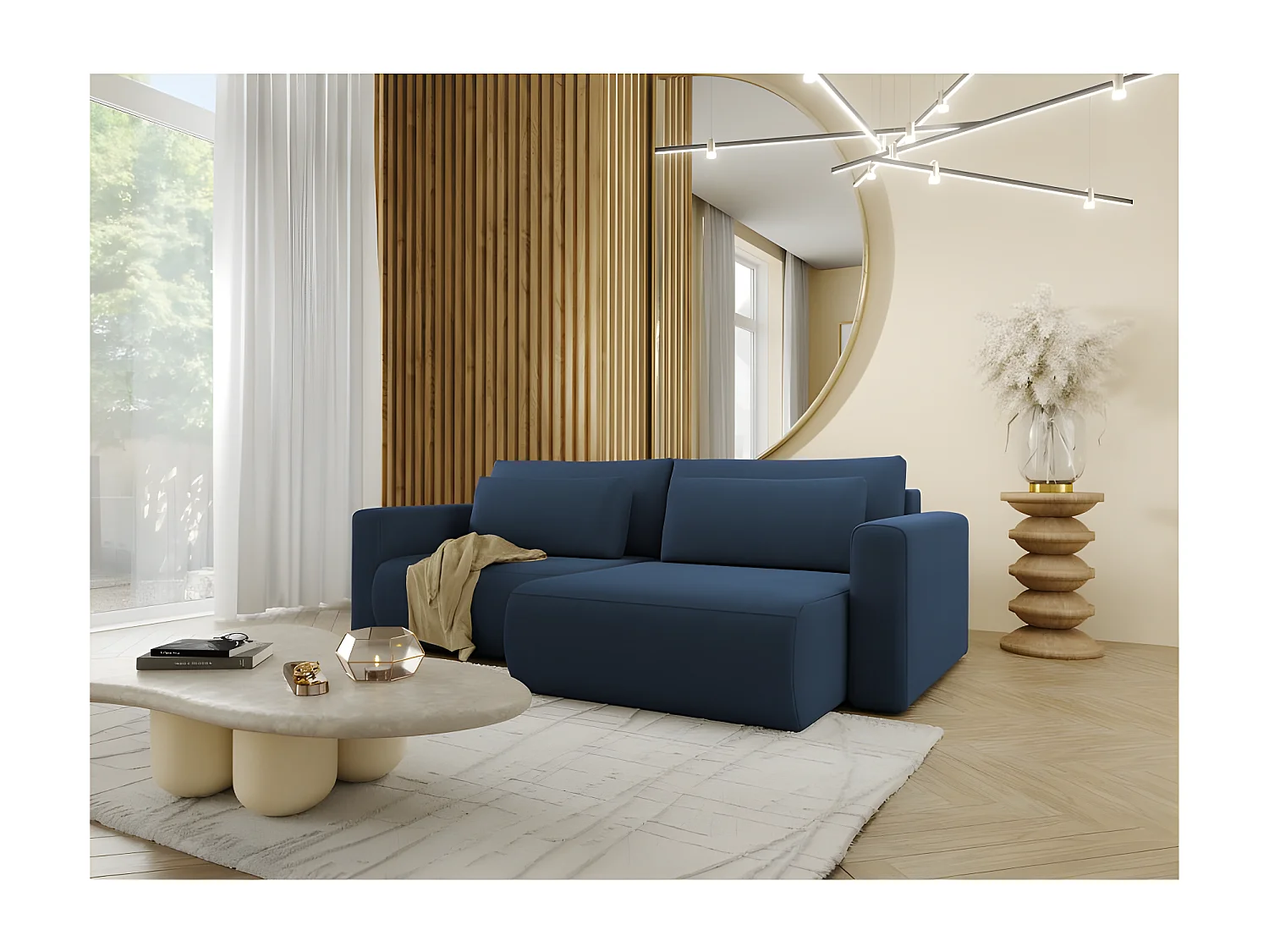 Canapé d'angle convertible CURIA en L en tissu hydrophobe anti tâche bleu