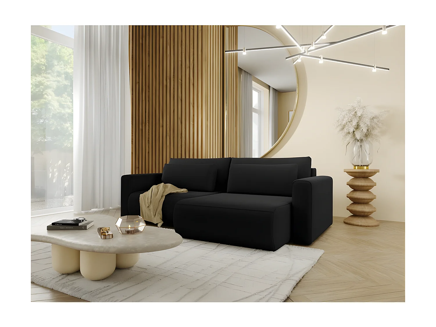 Canapé d'angle convertible CURIA en L en tissu hydrophobe anti tâche noir