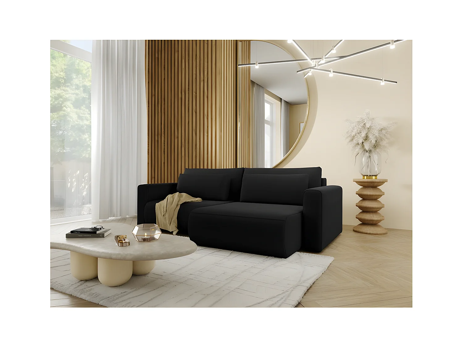 Canapé d'angle convertible CURIA en L en tissu hydrophobe anti tâche noir