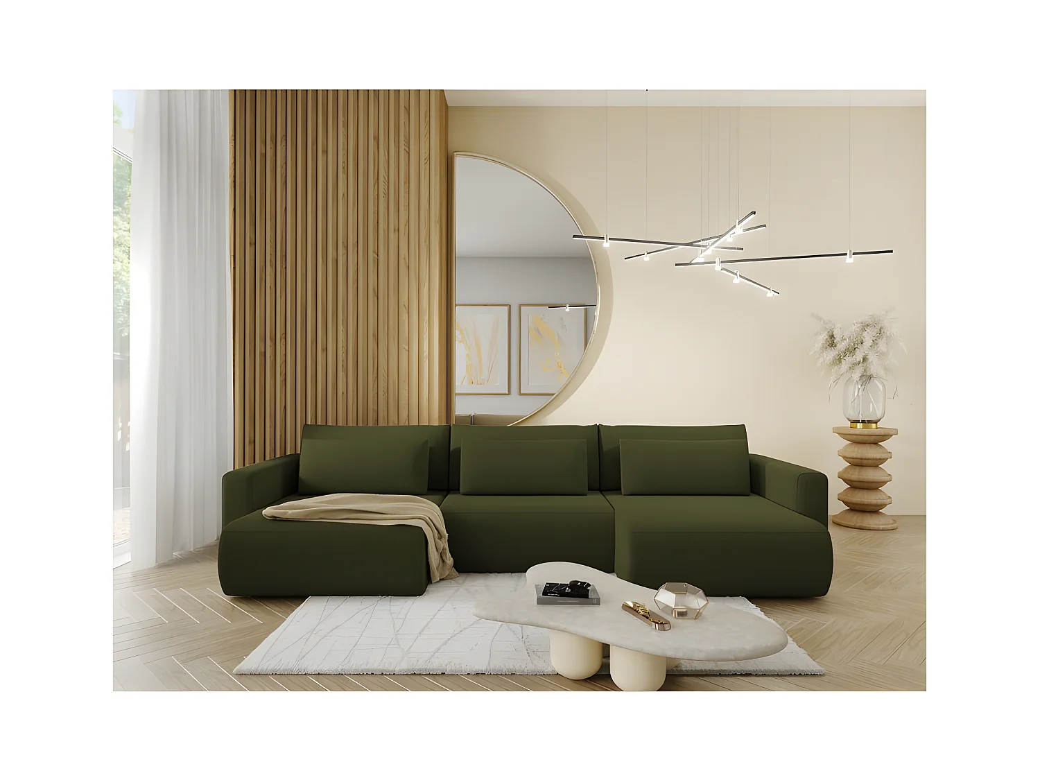 Canapé d'angle panoramique CURIA en tissu hydrophobe lavable vert