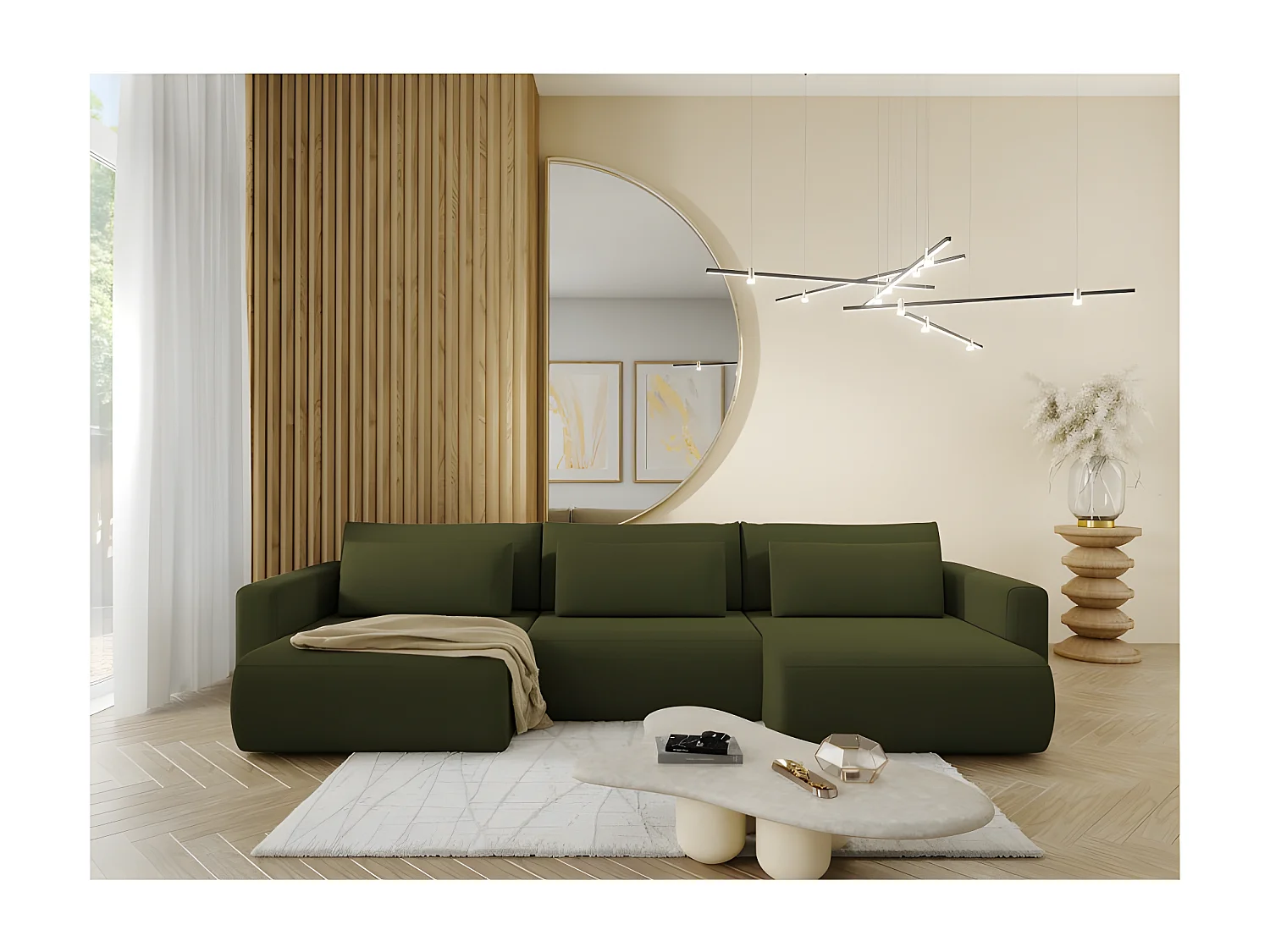 Canapé d'angle panoramique CURIA en tissu hydrophobe lavable vert