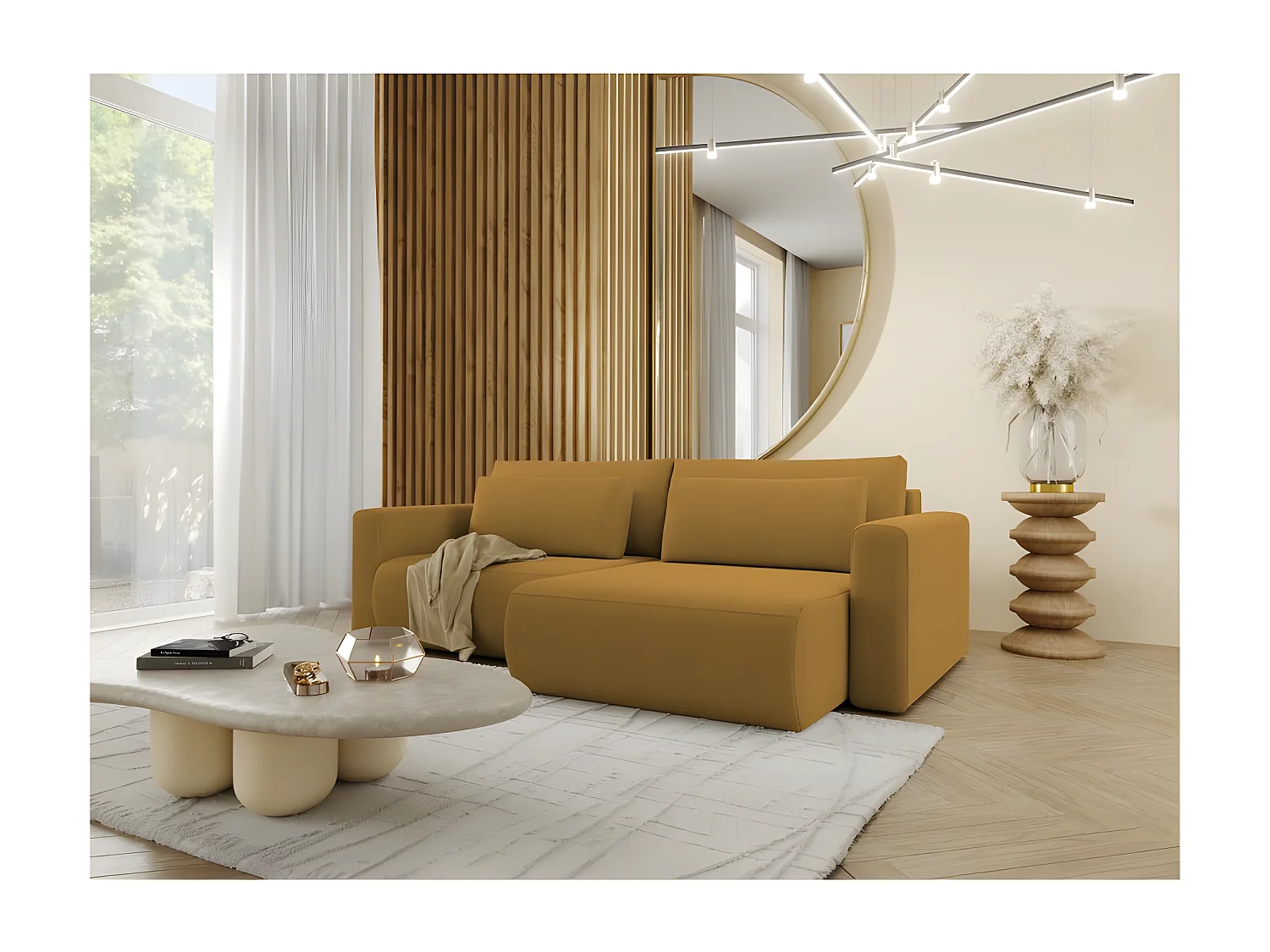 Canapé d'angle convertible CURIA en L en tissu hydrophobe anti tâche jaune