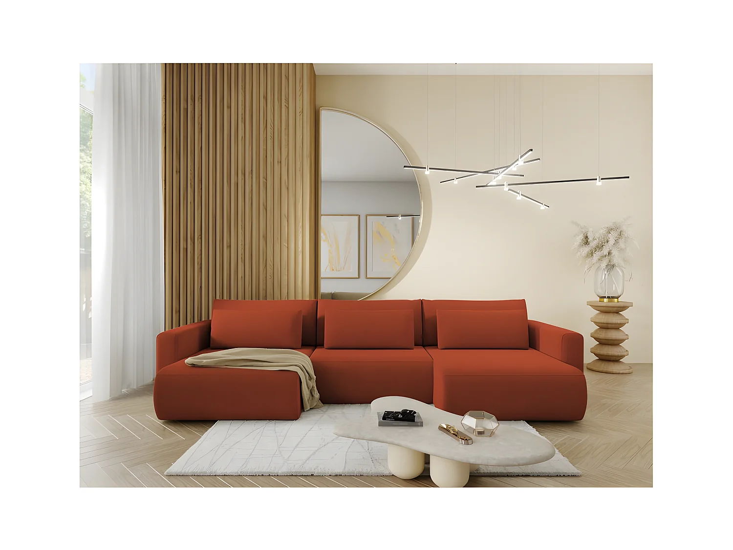 Canapé d'angle panoramique CURIA en tissu hydrophobe lavable terracotta