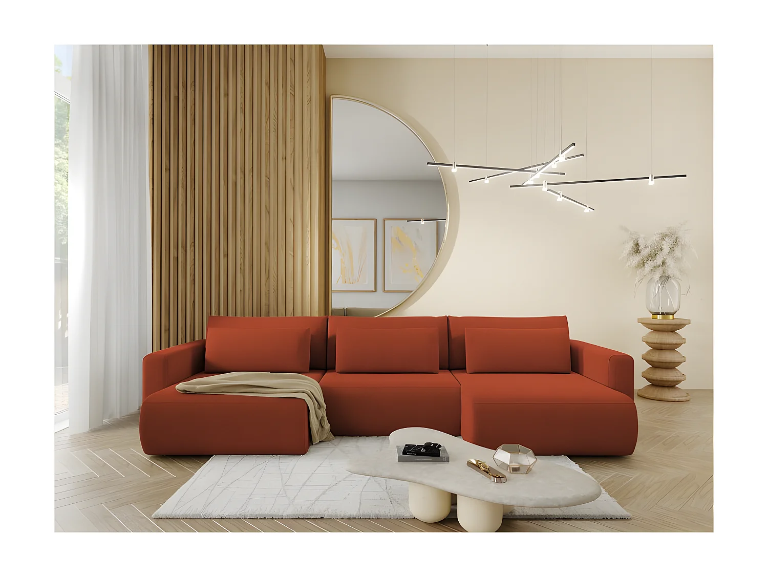 Canapé d'angle panoramique CURIA en tissu hydrophobe lavable terracotta