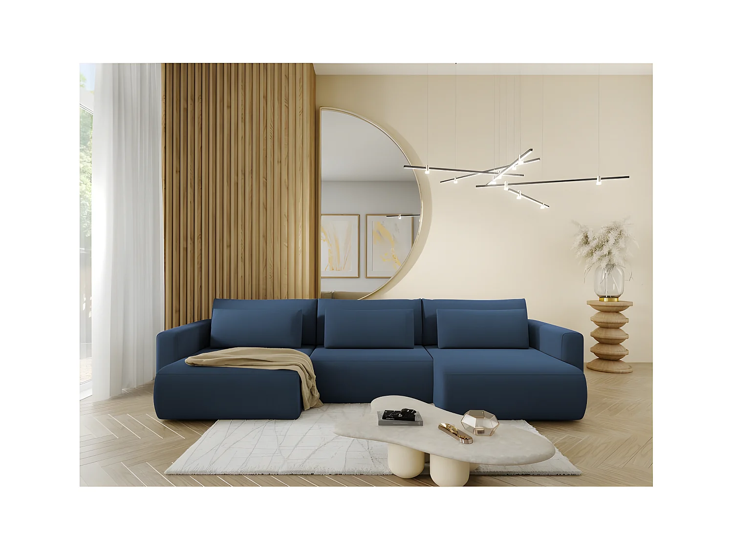 Canapé d'angle panoramique CURIA en tissu hydrophobe lavable bleu