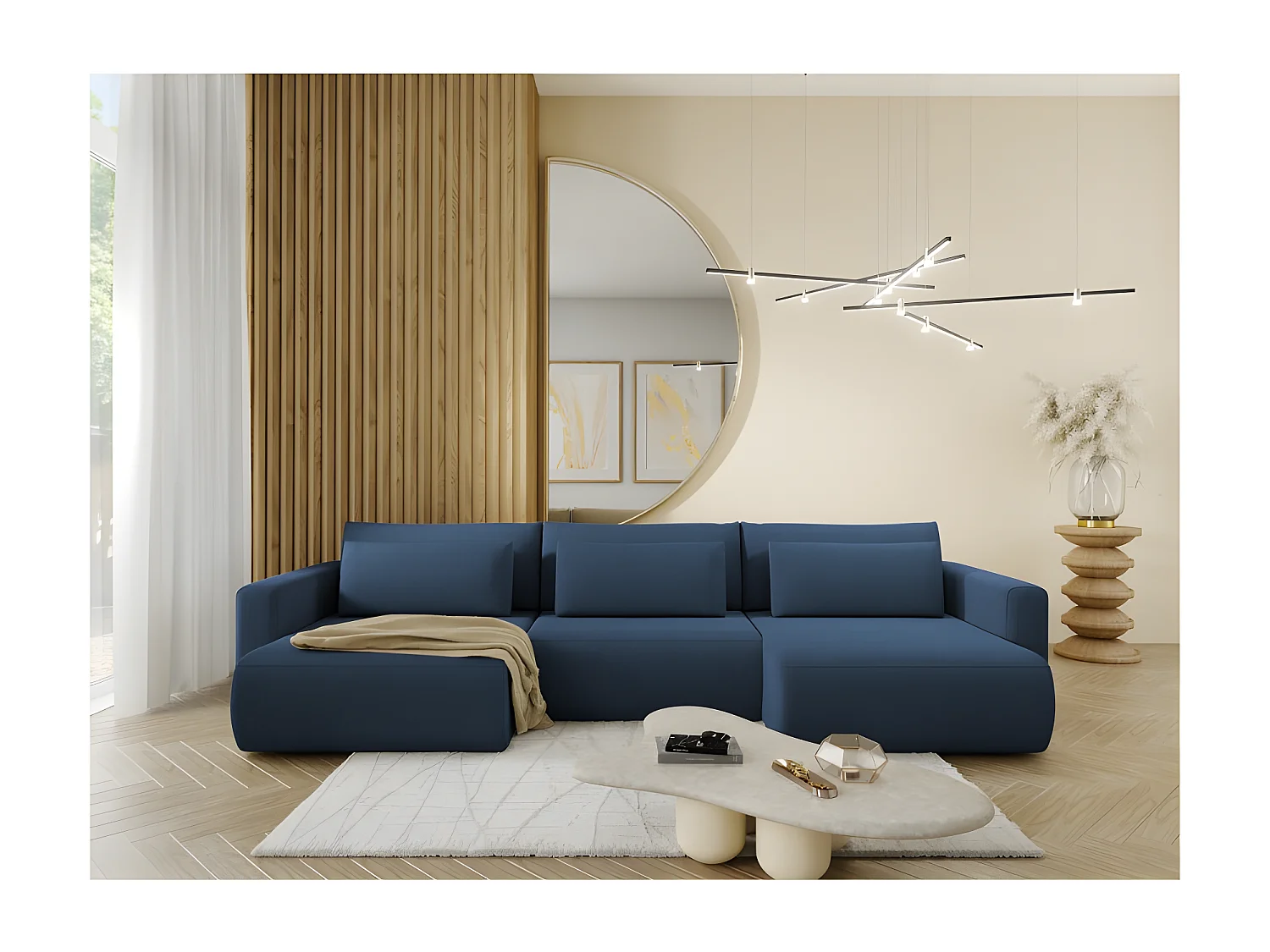 Canapé d'angle panoramique CURIA en tissu hydrophobe lavable bleu