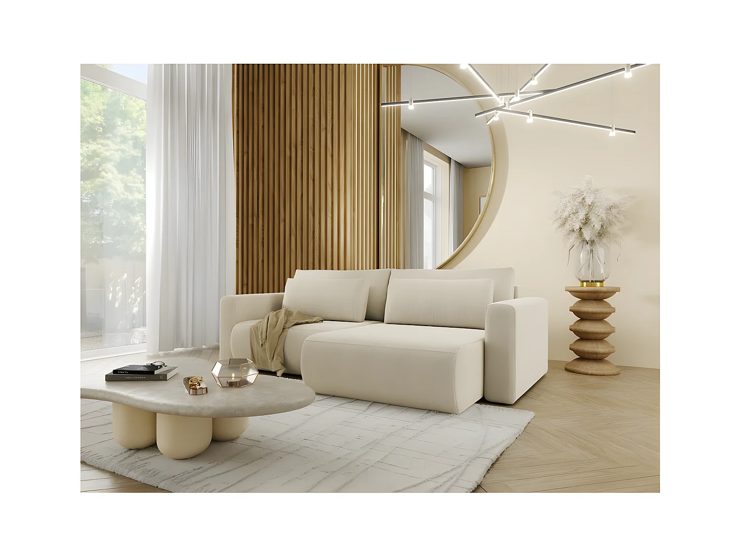 Canapé d'angle convertible CURIA en L en tissu hydrophobe anti tâche beige