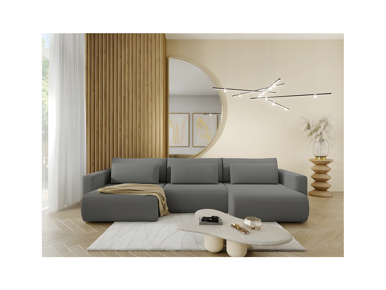 Canapé d'angle panoramique CURIA en tissu hydrophobe lavable gris foncé