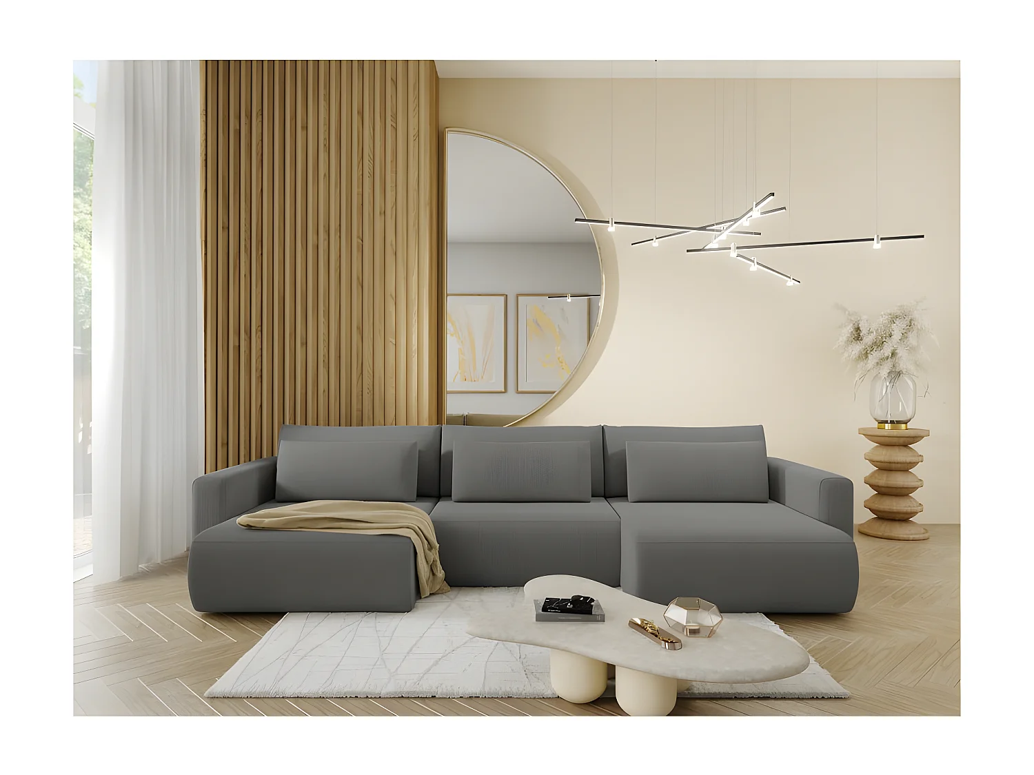 Canapé d'angle panoramique CURIA en tissu hydrophobe lavable gris foncé