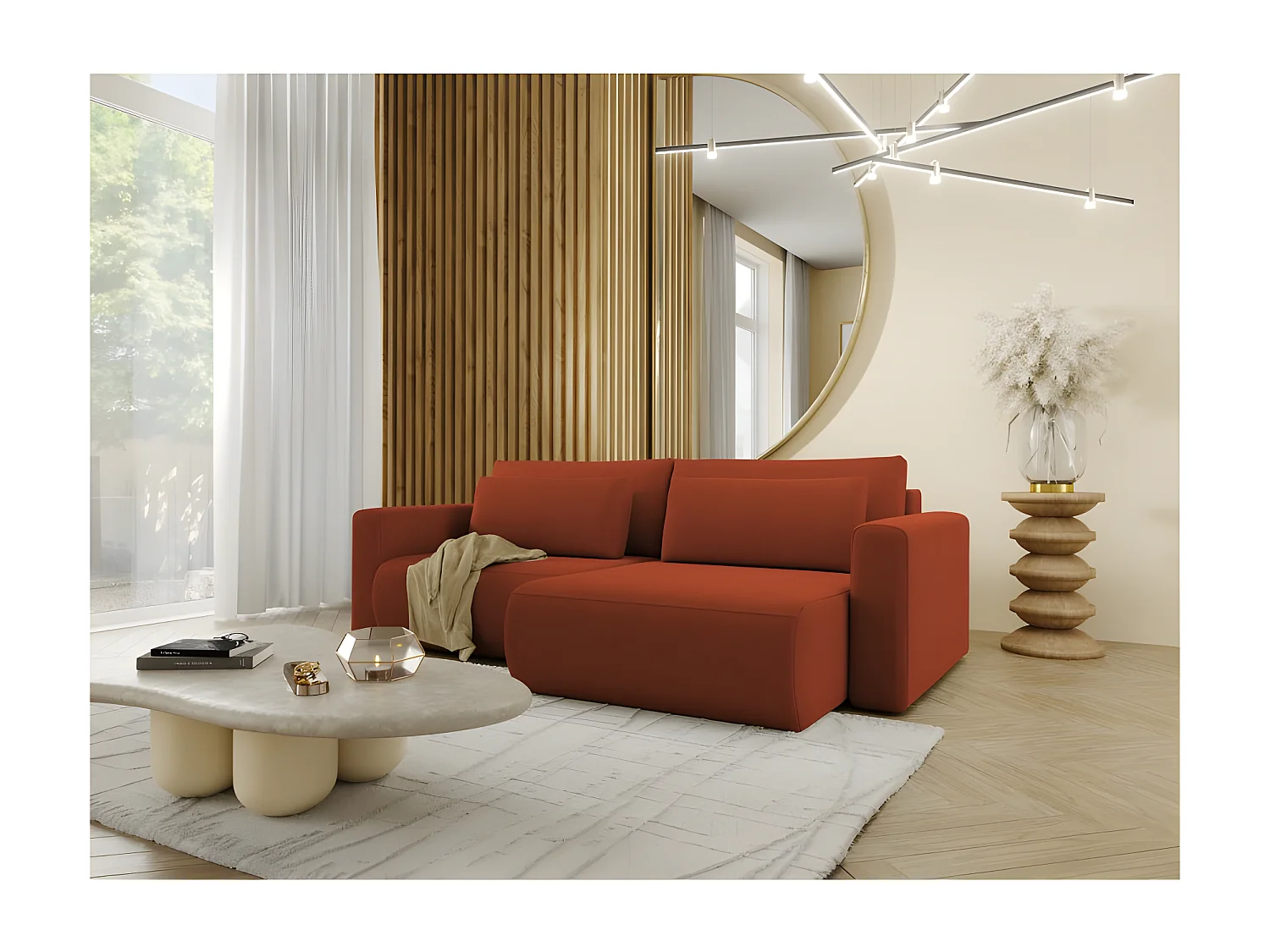 Canapé d'angle convertible CURIA en L en tissu hydrophobe anti tâche terracotta