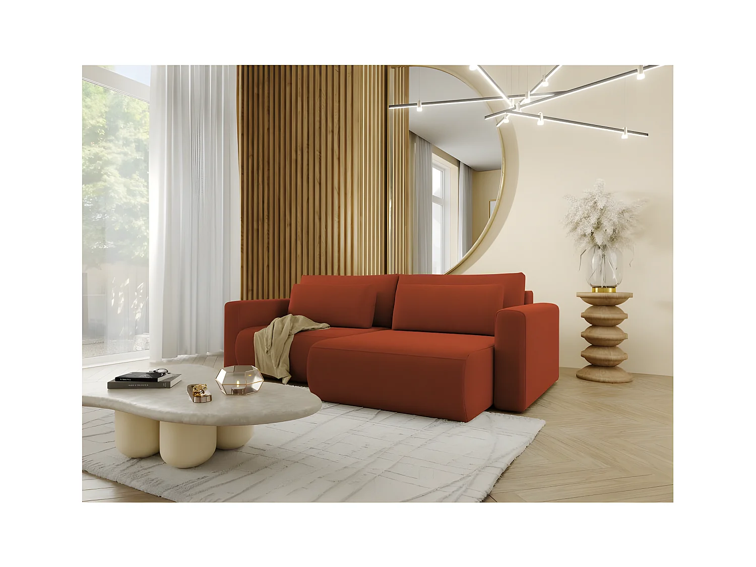 Canapé d'angle convertible CURIA en L en tissu hydrophobe anti tâche terracotta