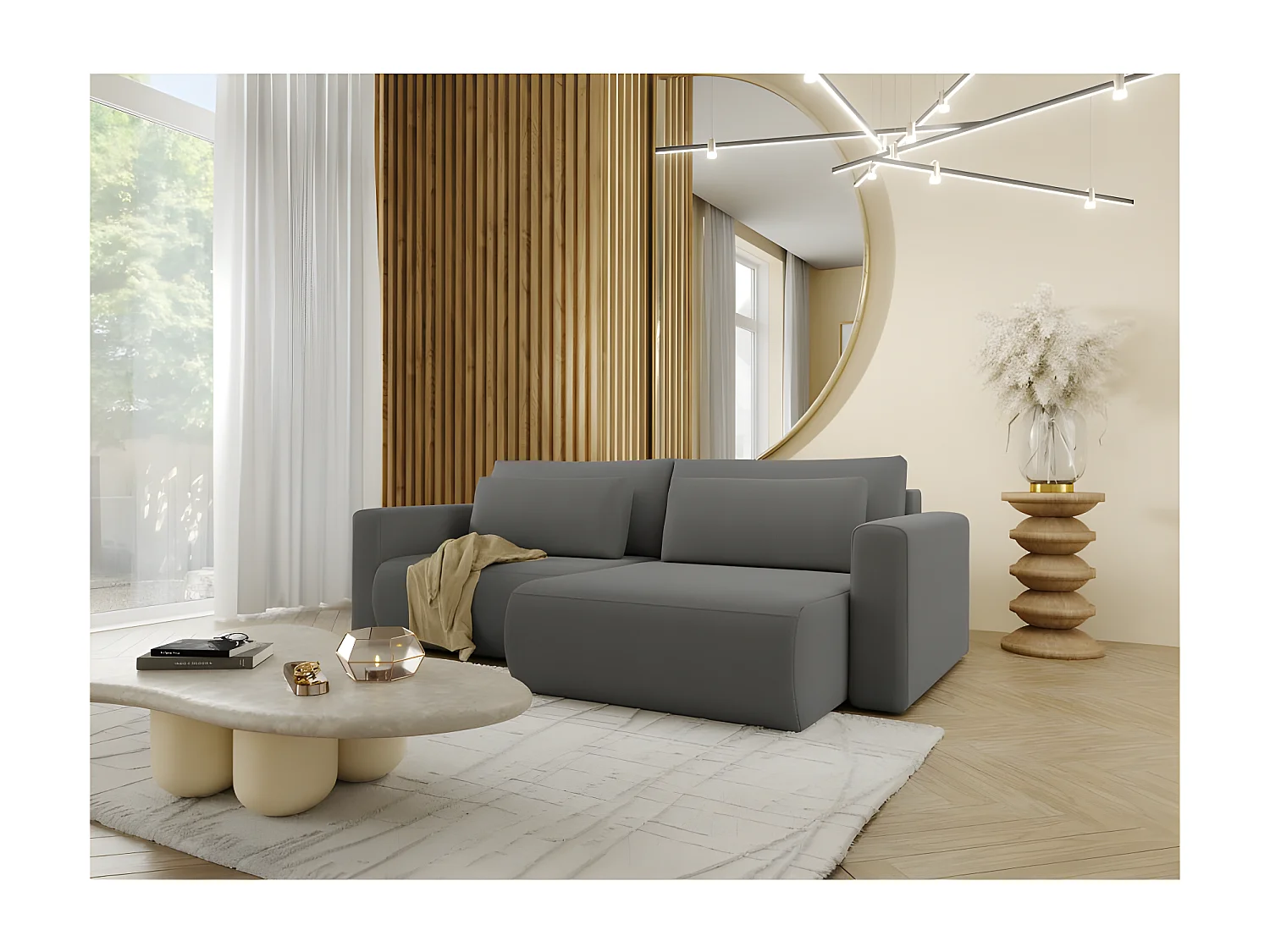 Canapé d'angle convertible CURIA en L en tissu hydrophobe anti tâche gris foncé