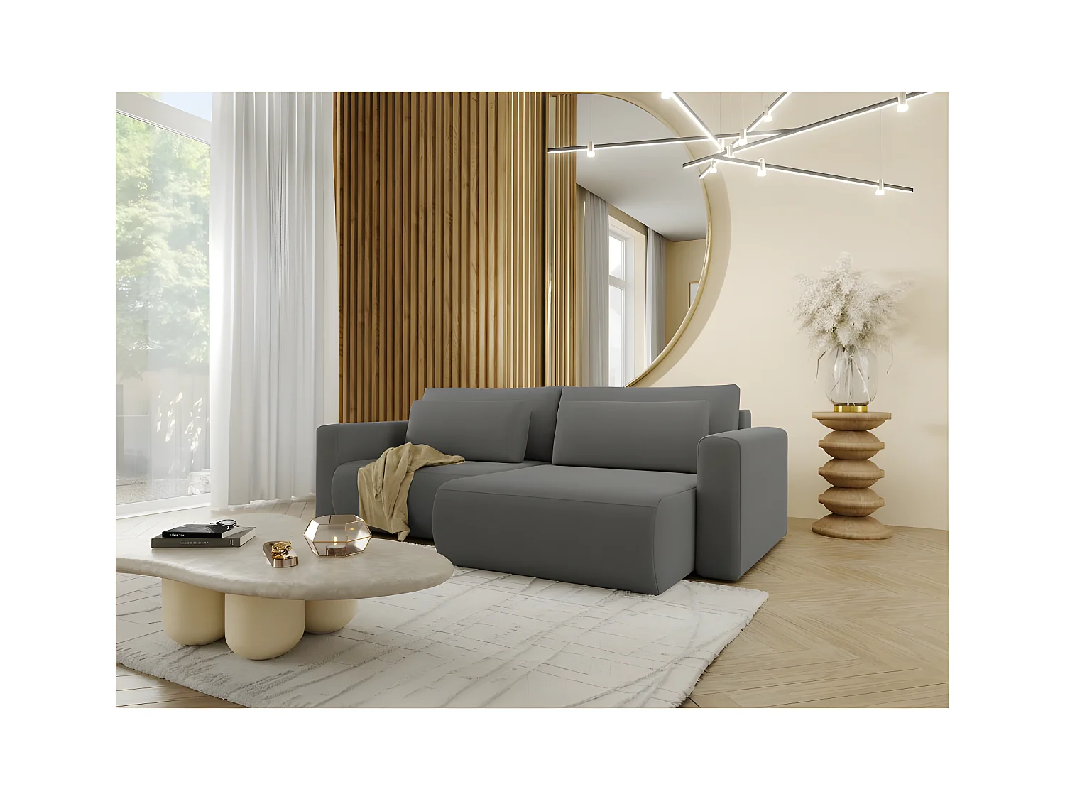 Canapé d'angle convertible CURIA en L en tissu hydrophobe anti tâche gris foncé