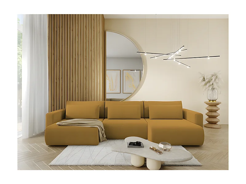 Canapé d'angle panoramique CURIA en tissu hydrophobe lavable jaune