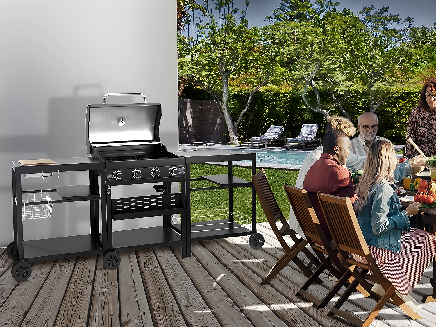 Barbecue à gaz cuisine d'extérieur - 12 kw - 4 brûleurs - Noir