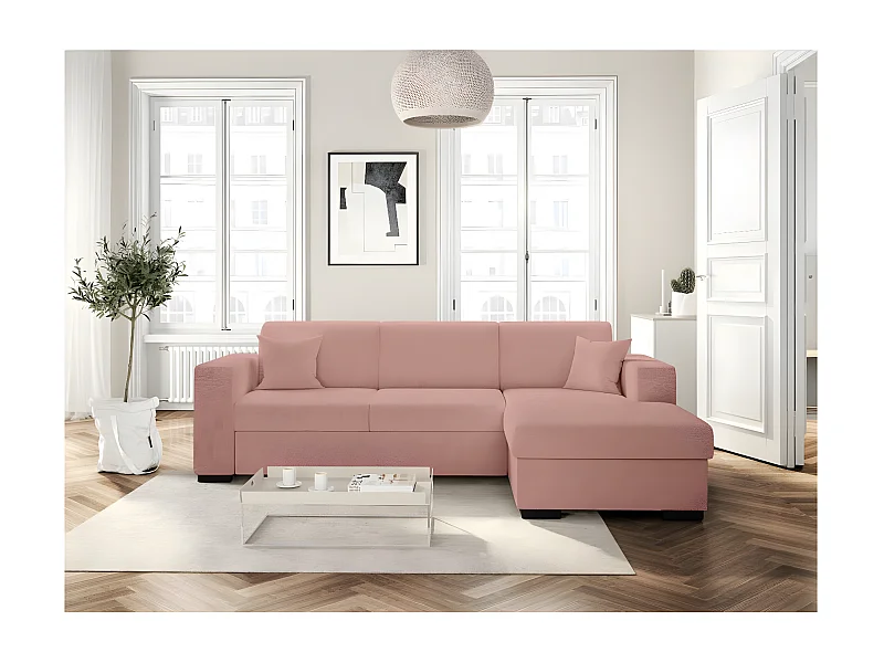 Canapé d'angle droit 4 places Fuji XL convertible avec coffre en tissu bouclette - Rose - L262 x P157 x H83cm - Loungitude
