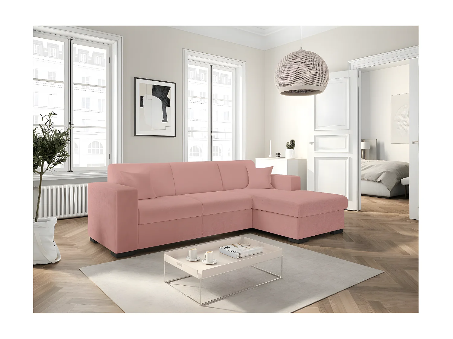 Canapé d'angle droit 4 places Fuji XL convertible avec coffre en tissu bouclette - Rose - L262 x P157 x H83cm - Loungitude