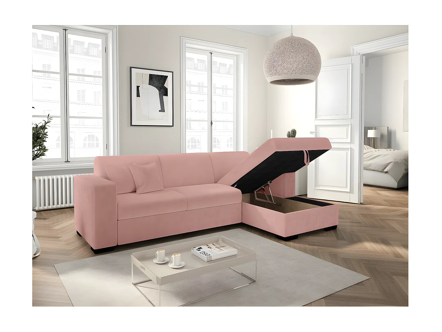 Canapé d'angle droit 4 places Fuji XL convertible avec coffre en tissu bouclette - Rose - L262 x P157 x H83cm - Loungitude