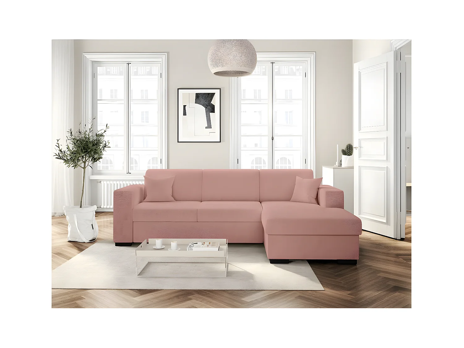 Canapé d'angle droit 4 places Fuji XL convertible avec coffre en tissu bouclette - Rose - L262 x P157 x H83cm - Loungitude