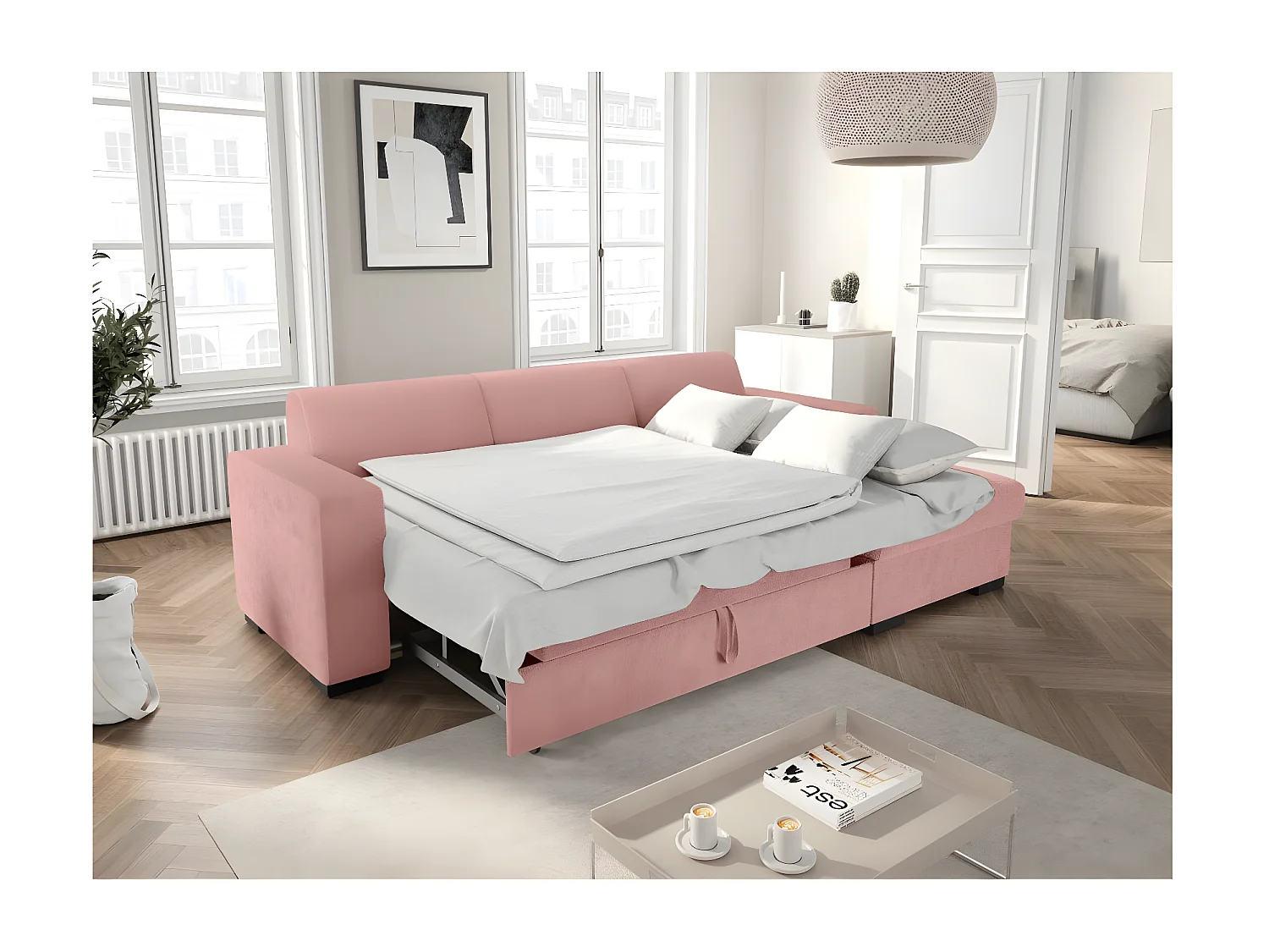 Canapé d'angle droit 4 places Fuji XL convertible avec coffre en tissu bouclette - Rose - L262 x P157 x H83cm - Loungitude