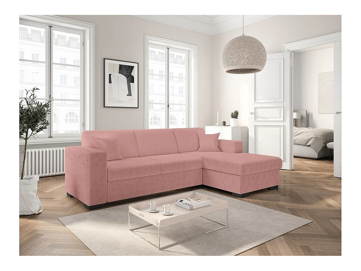 Canapé d'angle convertible 4 places avec coffre en tissu rose FUJI