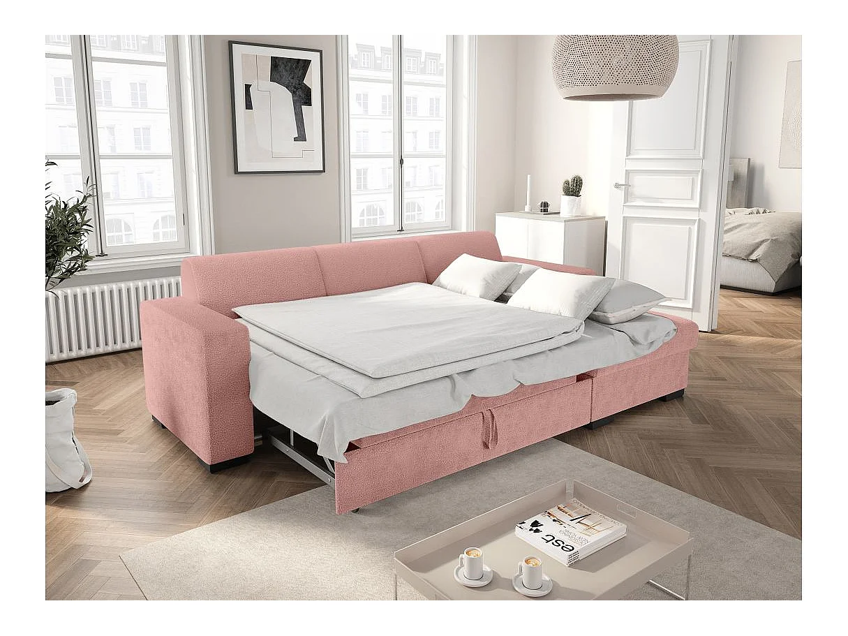 Canapé d'angle convertible 4 places avec coffre en tissu rose FUJI