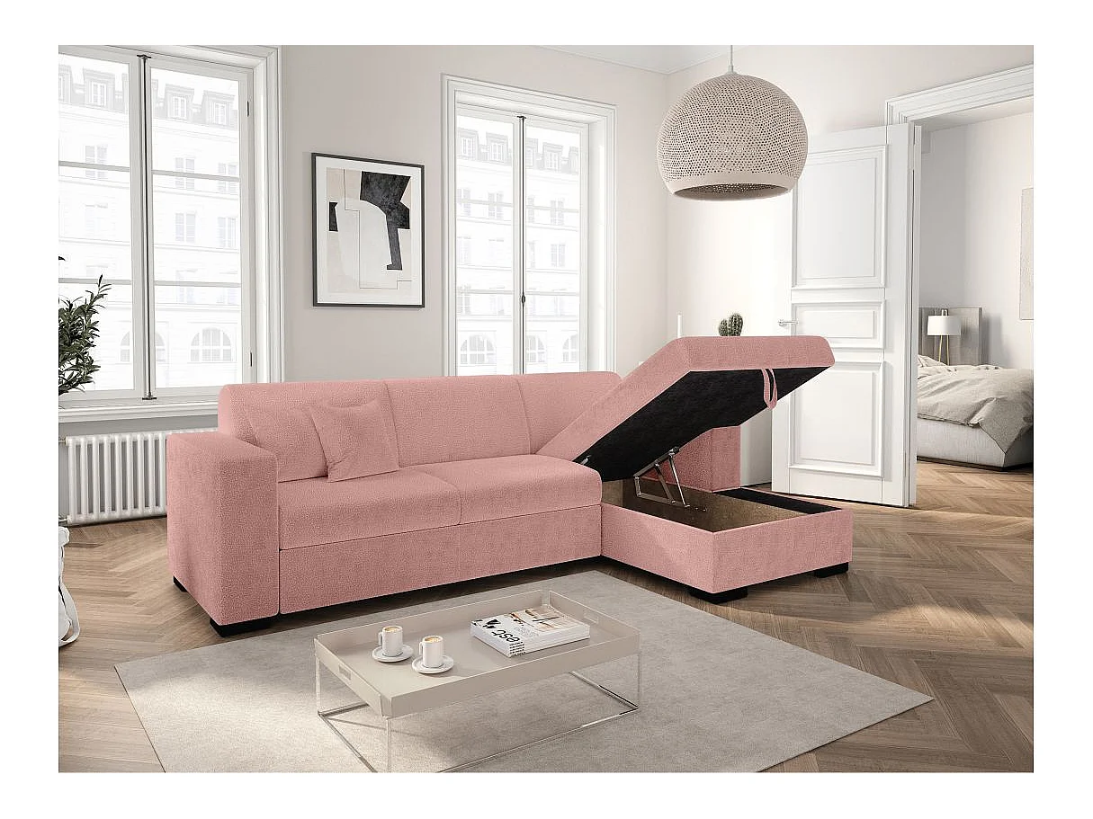 Canapé d'angle convertible 4 places avec coffre en tissu rose FUJI