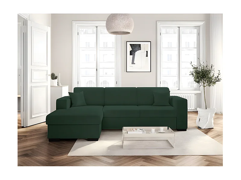 Canapé d'angle gauche 4 places Fuji XL convertible avec coffre en tissu bouclette - Vert - L262 x P157 x H83cm - Loungitude
