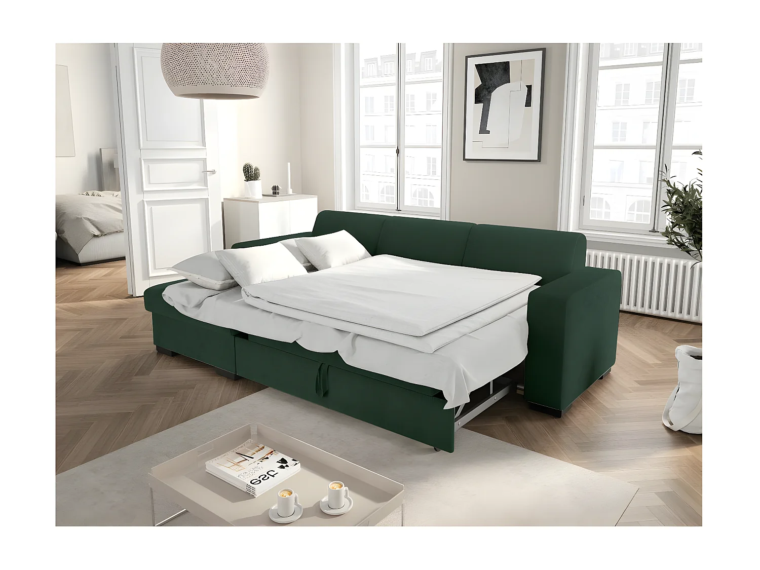 Canapé d'angle gauche 4 places Fuji XL convertible avec coffre en tissu bouclette - Vert - L262 x P157 x H83cm - Loungitude