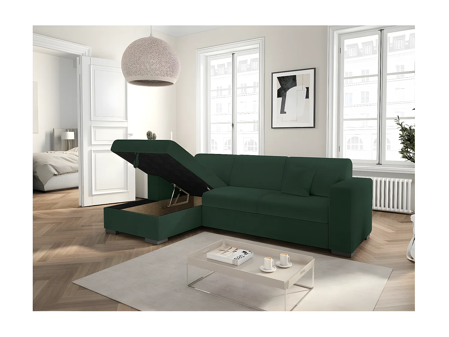Canapé d'angle gauche 4 places Fuji XL convertible avec coffre en tissu bouclette - Vert - L262 x P157 x H83cm - Loungitude