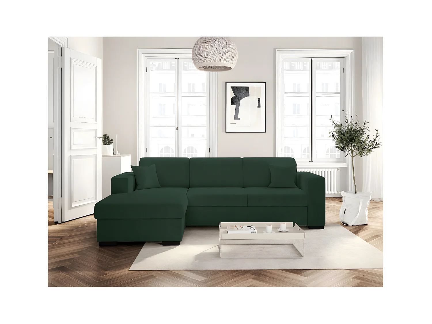 Canapé d'angle gauche 4 places Fuji XL convertible avec coffre en tissu bouclette - Vert - L262 x P157 x H83cm - Loungitude