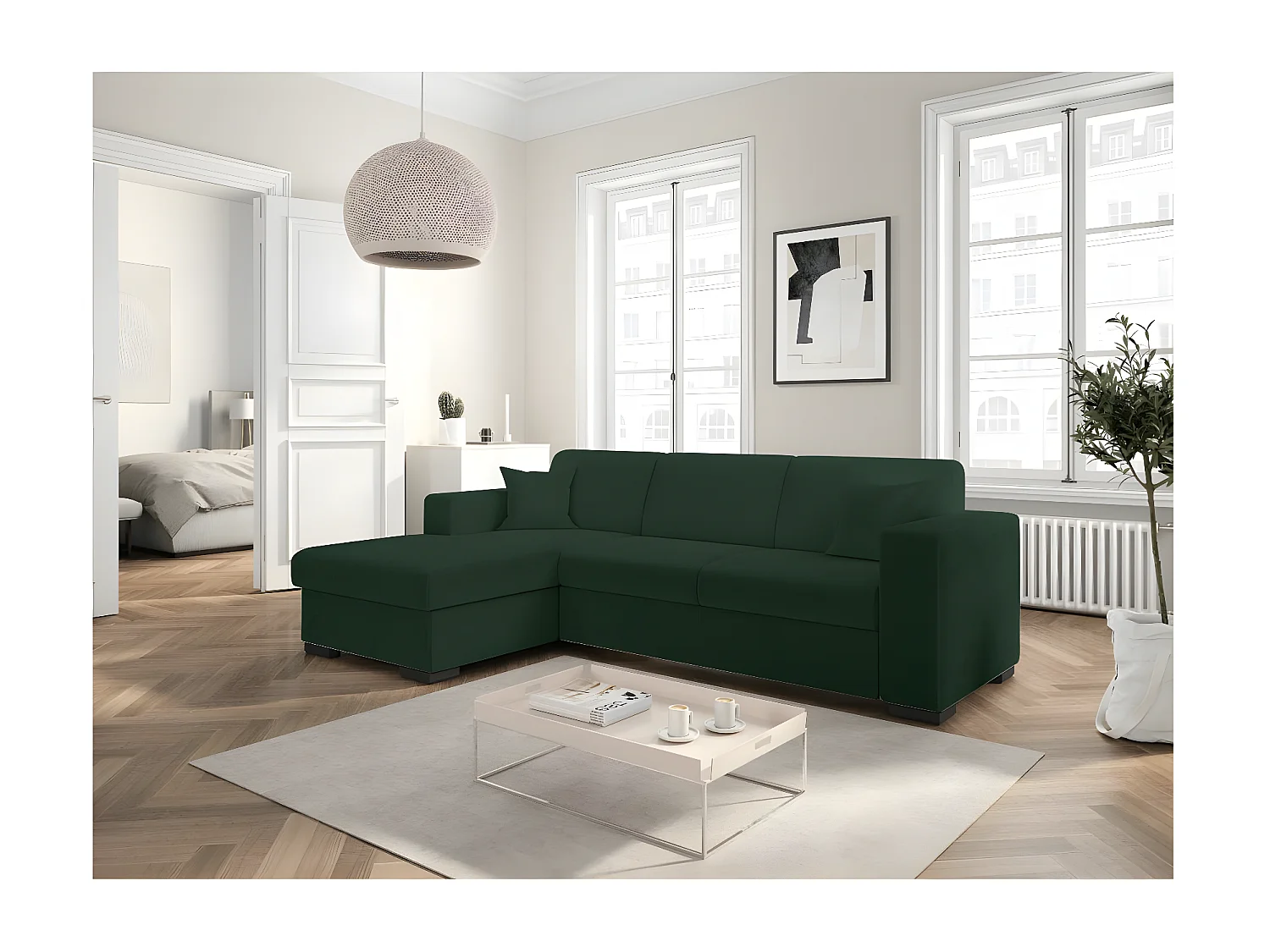 Canapé d'angle gauche 4 places Fuji XL convertible avec coffre en tissu bouclette - Vert - L262 x P157 x H83cm - Loungitude