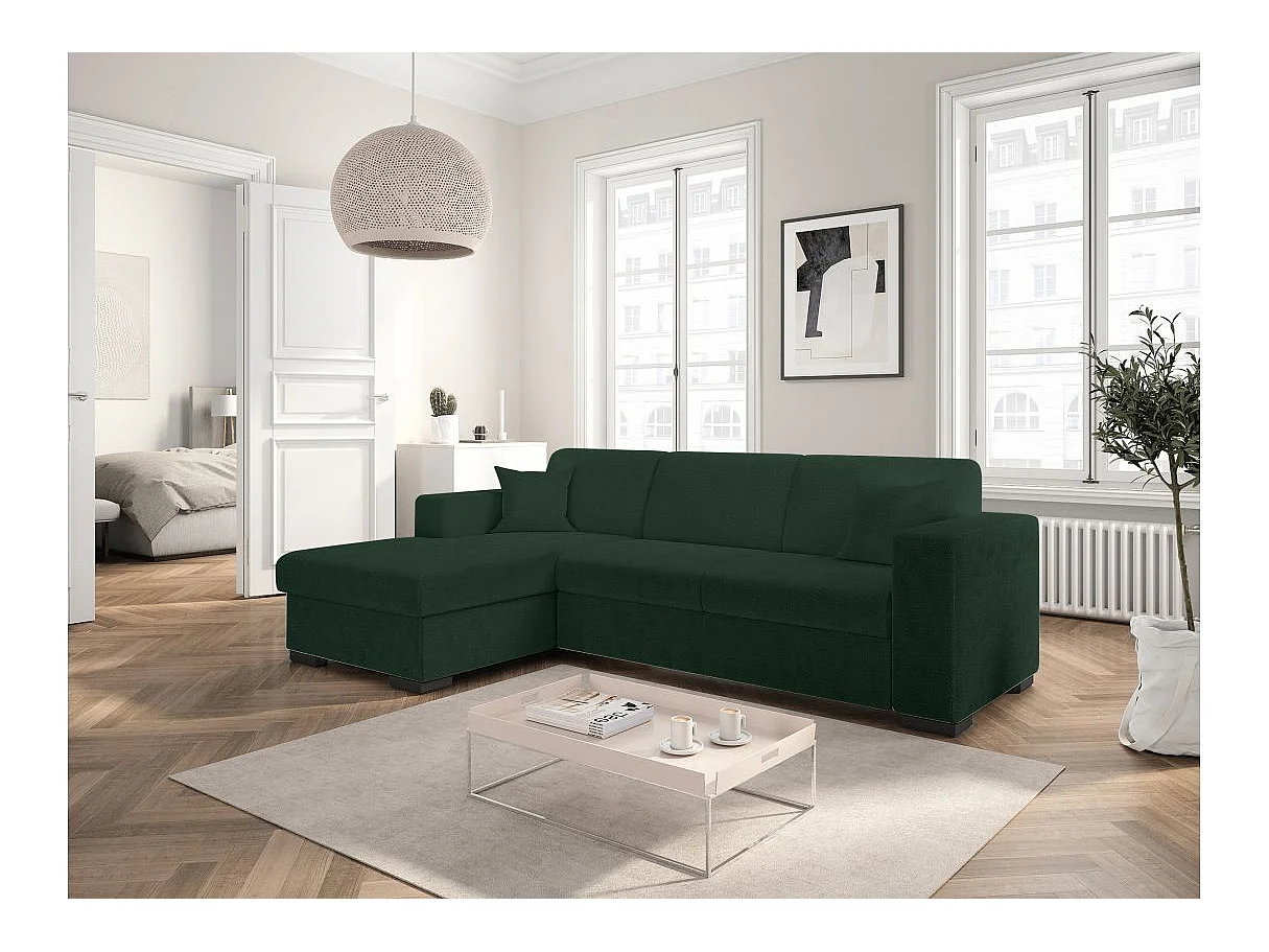 Canapé d'angle convertible 4 places avec coffre en tissu vert FUJI