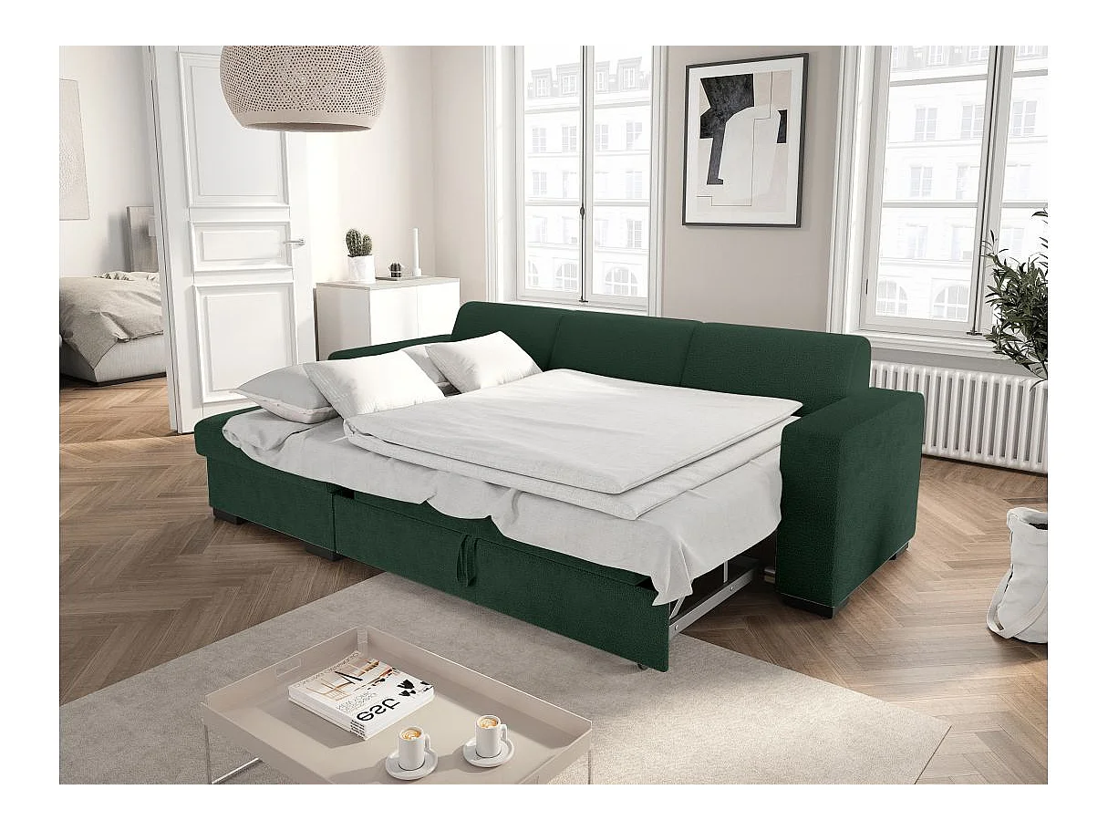 Canapé d'angle convertible 4 places avec coffre en tissu vert FUJI