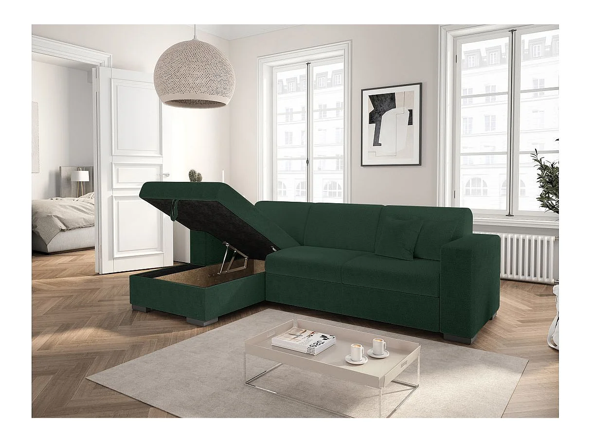 Canapé d'angle convertible 4 places avec coffre en tissu vert FUJI