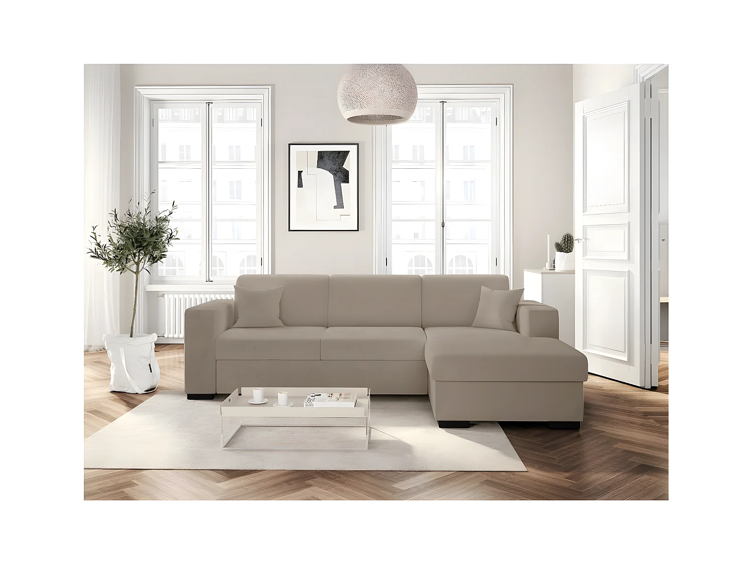 Canapé d'angle droit 4 places Fuji XL convertible avec coffre en tissu bouclette - Taupe - L262 x P157 x H83cm - Loungitude