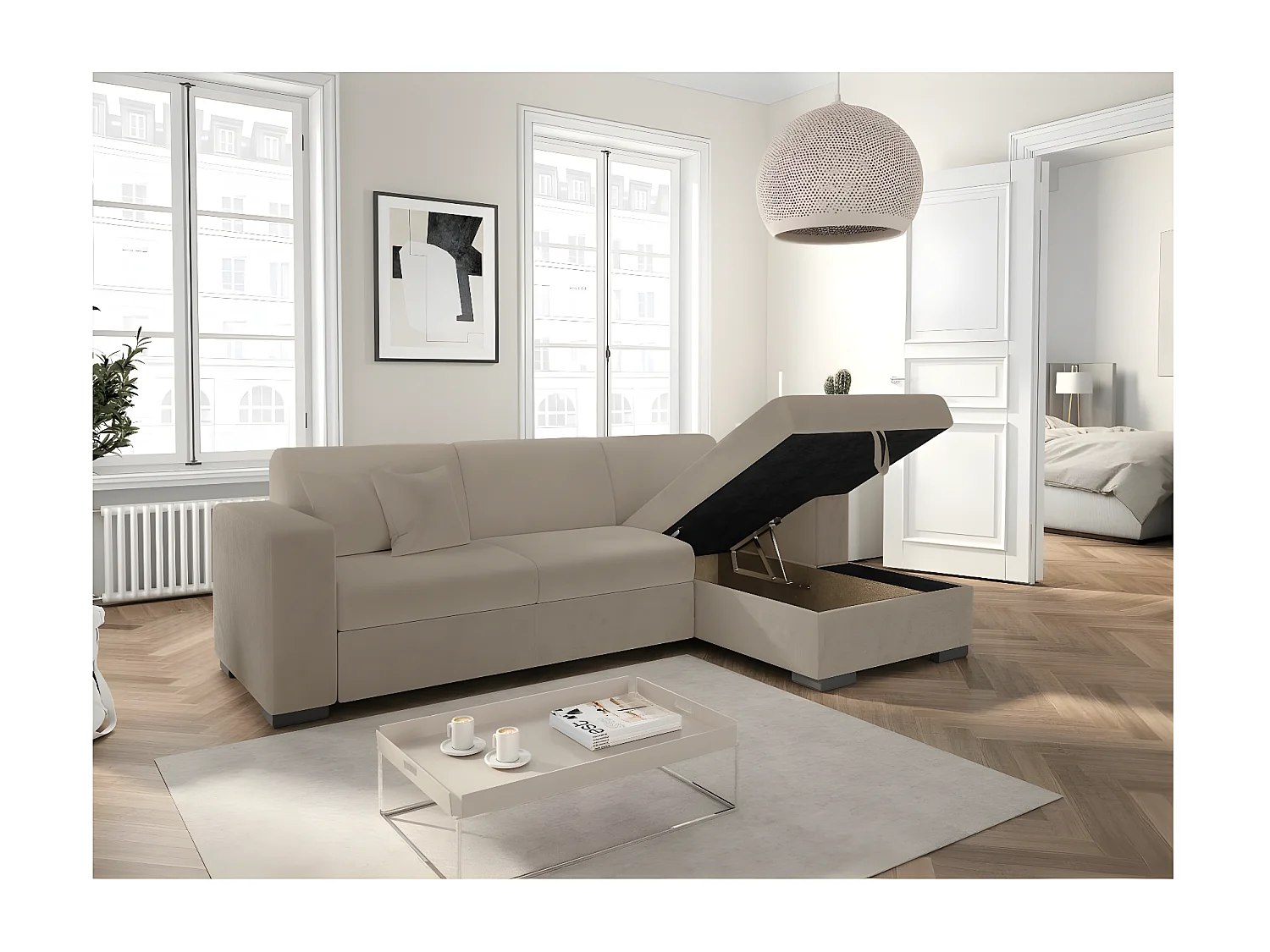 Canapé d'angle droit 4 places Fuji XL convertible avec coffre en tissu bouclette - Taupe - L262 x P157 x H83cm - Loungitude