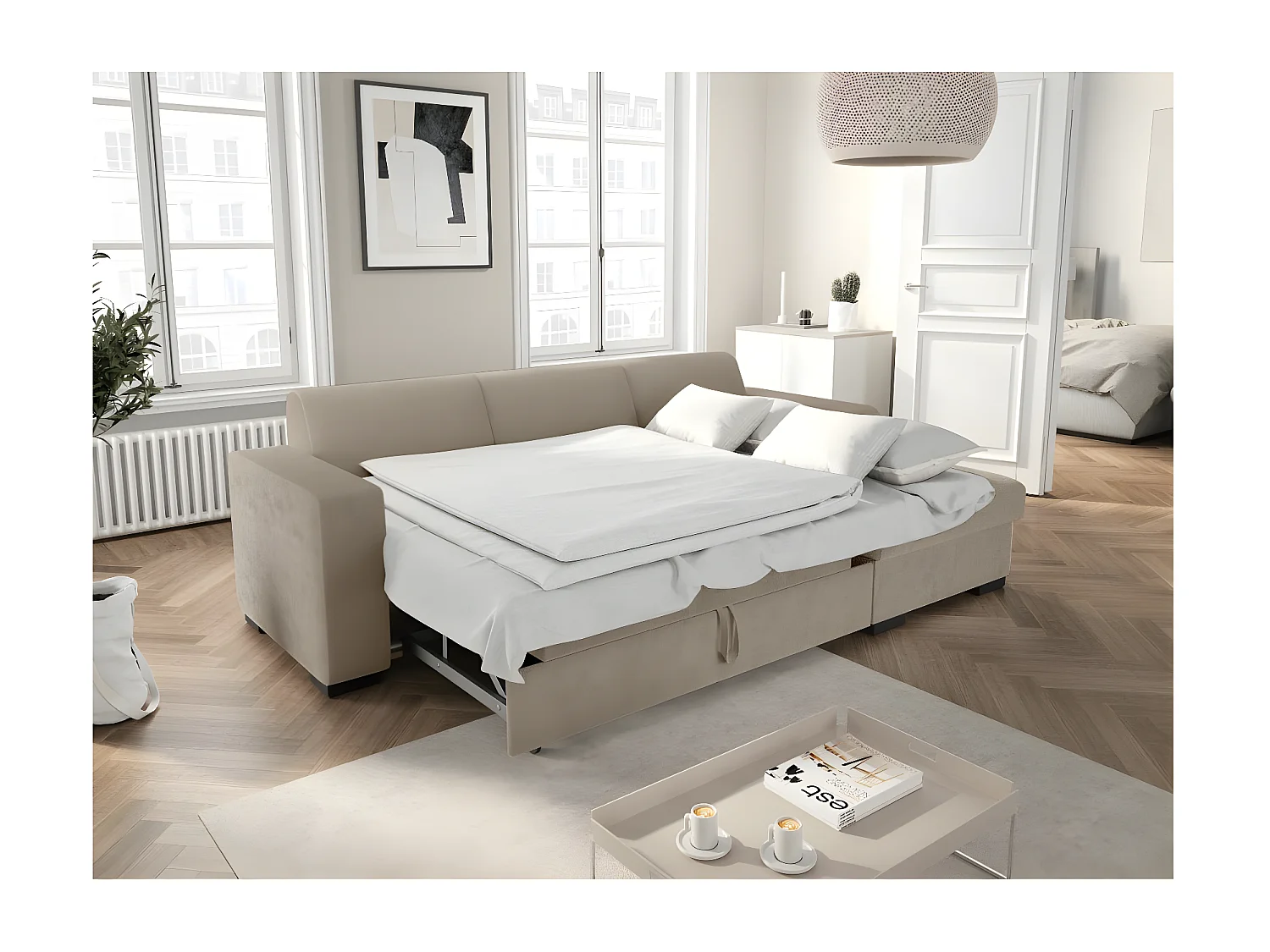 Canapé d'angle droit 4 places Fuji XL convertible avec coffre en tissu bouclette - Taupe - L262 x P157 x H83cm - Loungitude