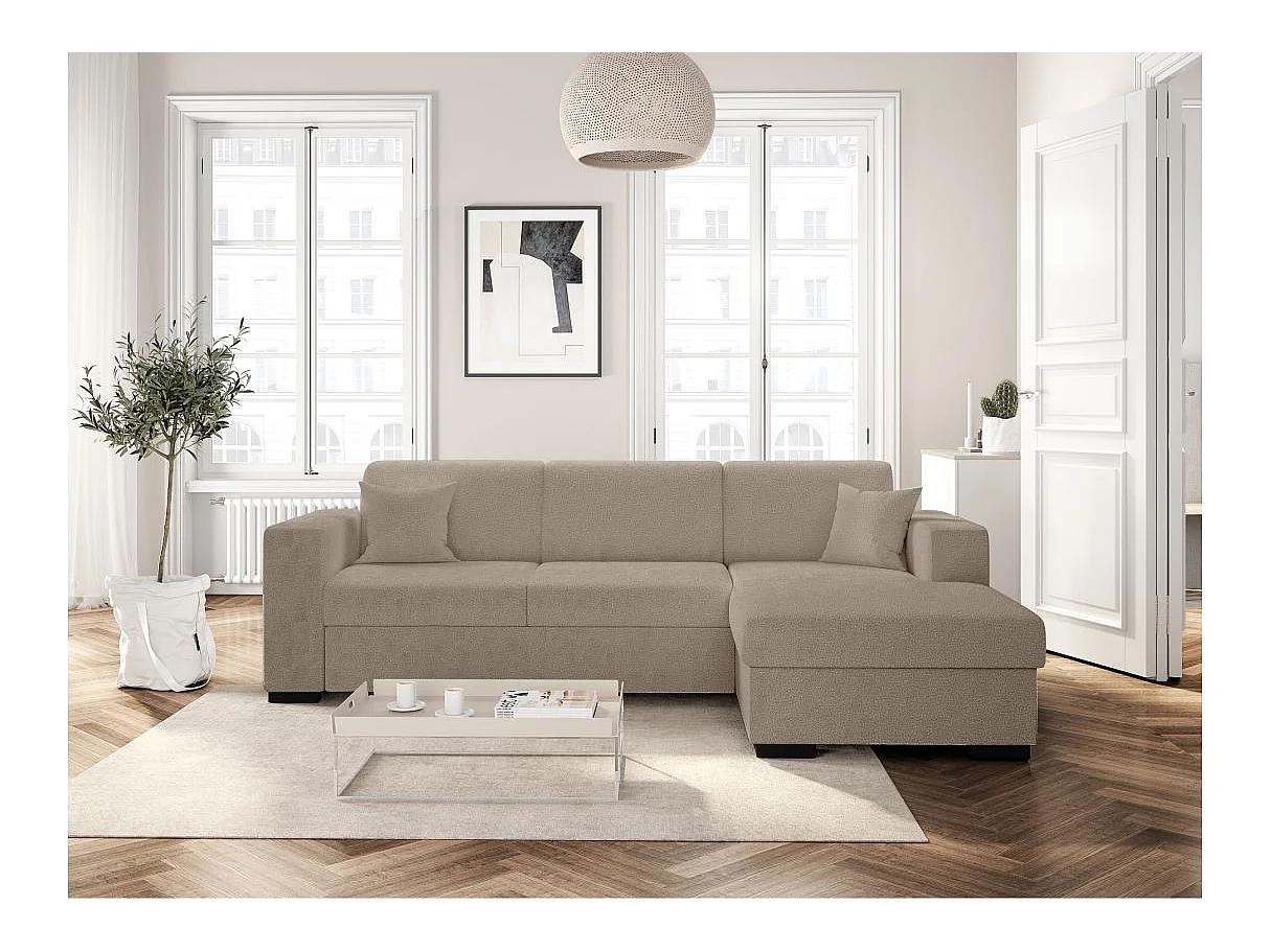 Canapé d'angle droit 4 places Fuji XL convertible avec coffre en tissu bouclette - Taupe - L262 x P157 x H83cm - Loungitude