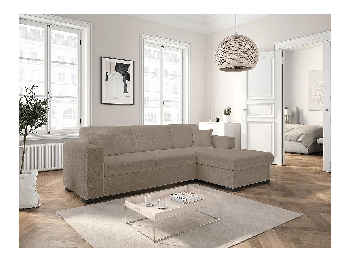 Canapé d'angle droit 4 places Fuji XL convertible avec coffre en tissu bouclette - Taupe - L262 x P157 x H83cm - Loungitude