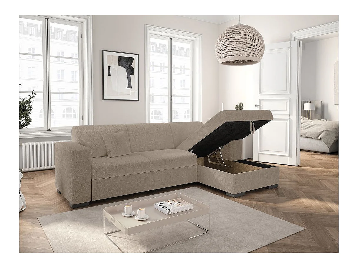 Canapé d'angle droit 4 places Fuji XL convertible avec coffre en tissu bouclette - Taupe - L262 x P157 x H83cm - Loungitude