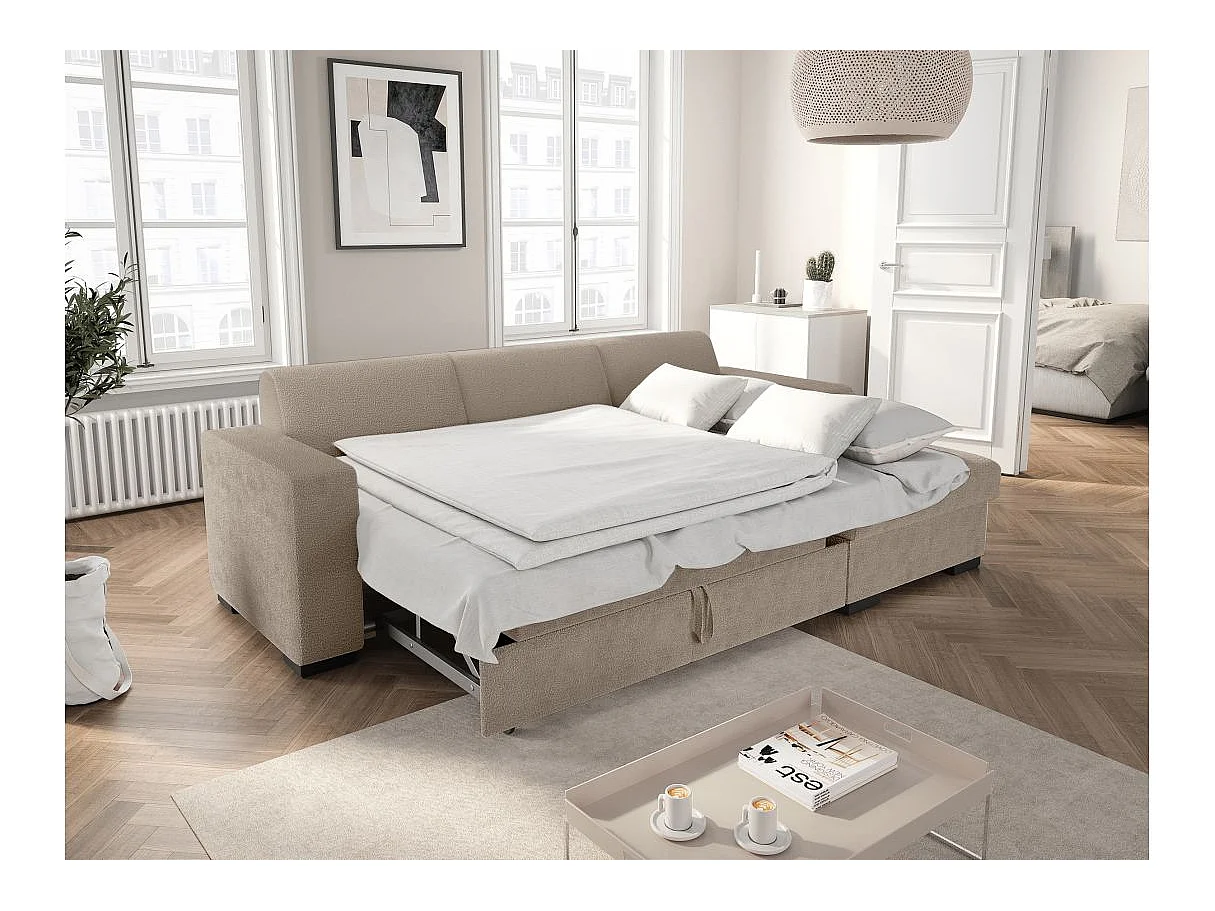 Canapé d'angle droit 4 places Fuji XL convertible avec coffre en tissu bouclette - Taupe - L262 x P157 x H83cm - Loungitude