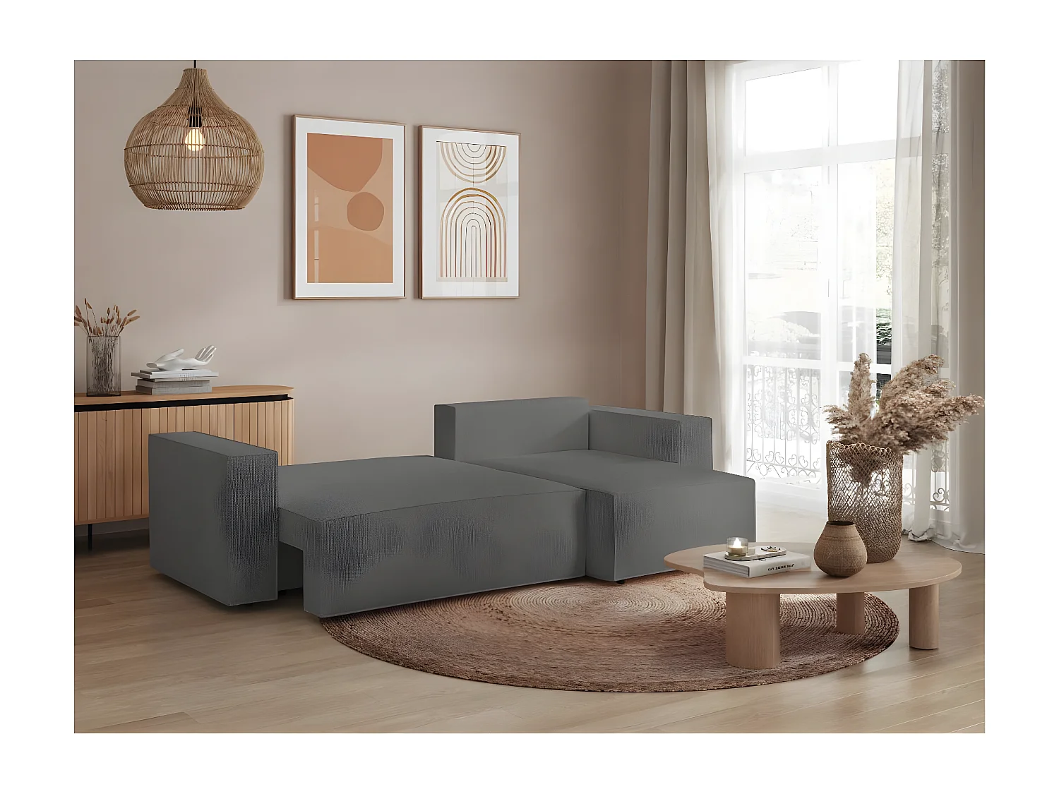Canapé d'angle 3 places convertible réversible Clarisse avec coffre en tissu bouclette - Gris - L269 x P159 x H89cm - Loungitude