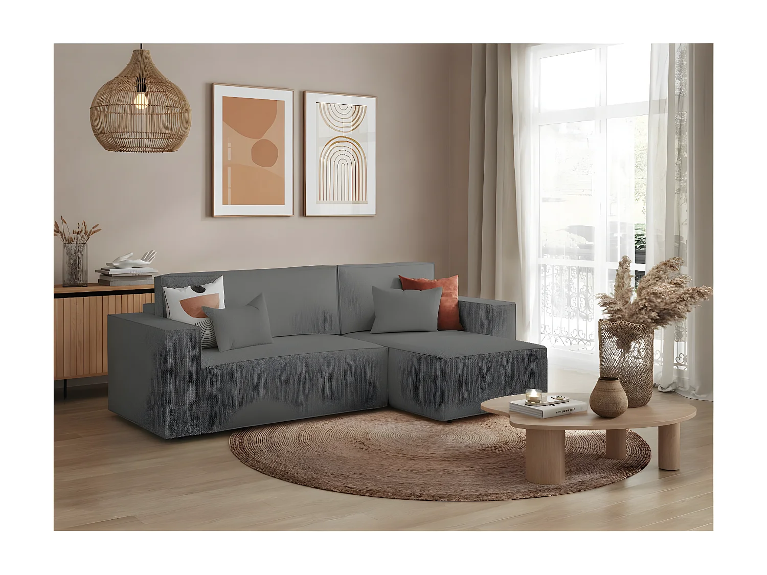 Canapé d'angle 3 places convertible réversible Clarisse avec coffre en tissu bouclette - Gris - L269 x P159 x H89cm - Loungitude