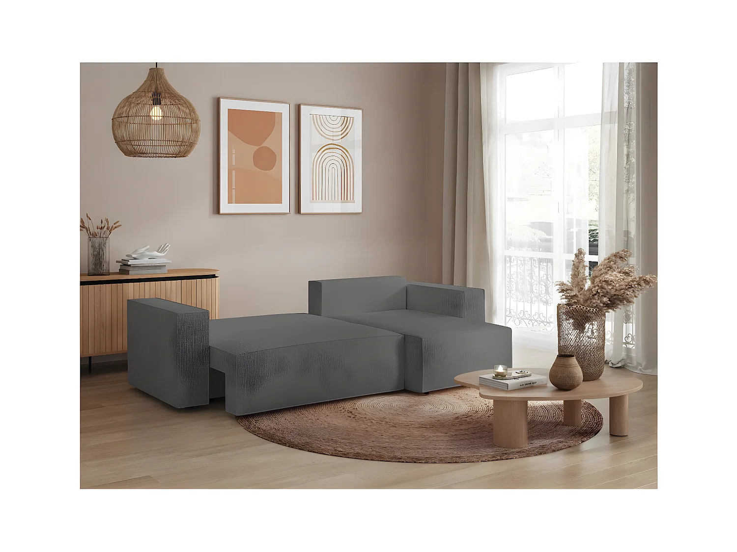 Canapé d'angle 3 places convertible réversible Clarisse avec coffre en tissu bouclette - Gris - L269 x P159 x H89cm - Loungitude