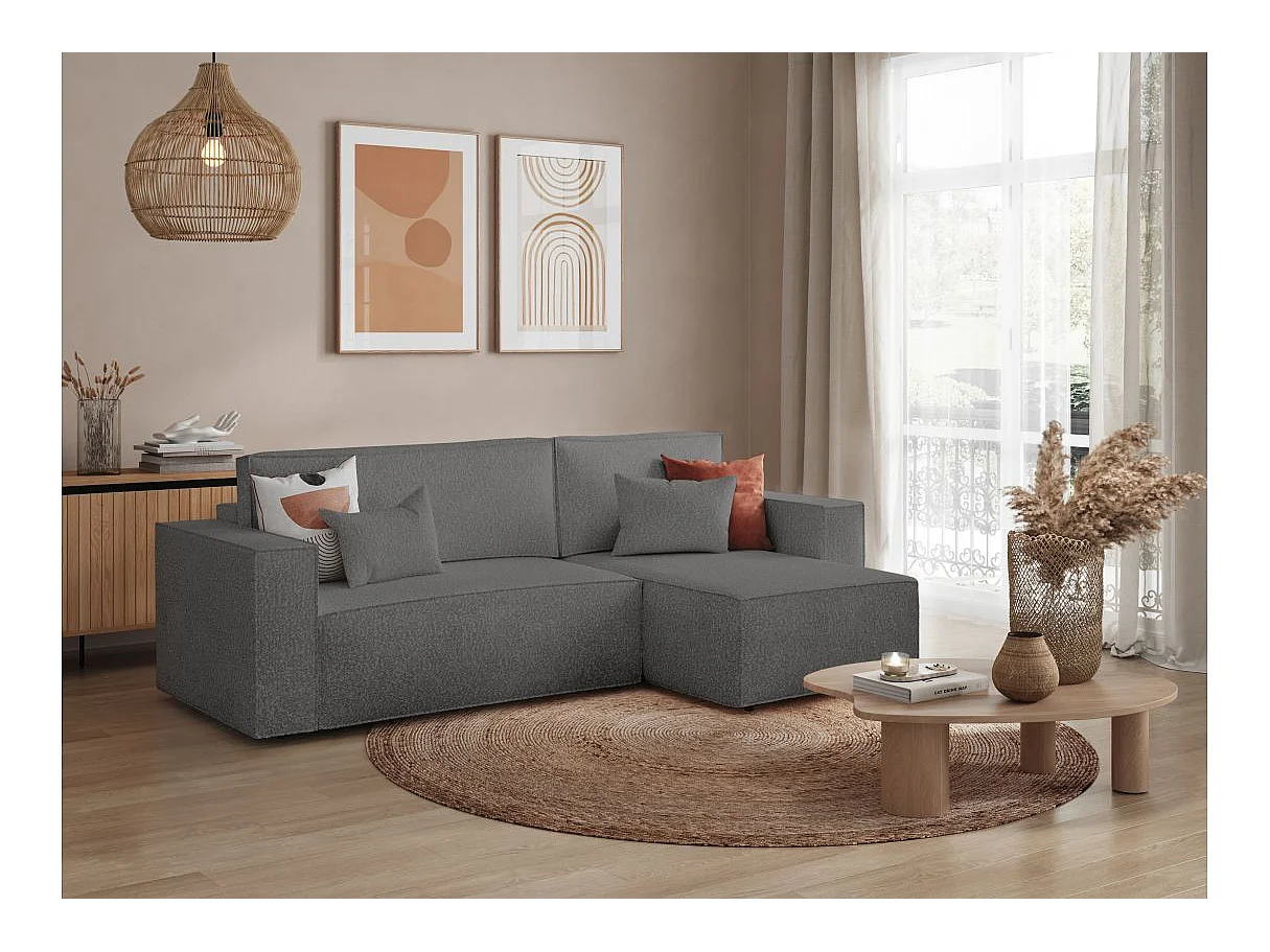 Canapé d'angle convertible 3 places avec coffre en tissu gris
