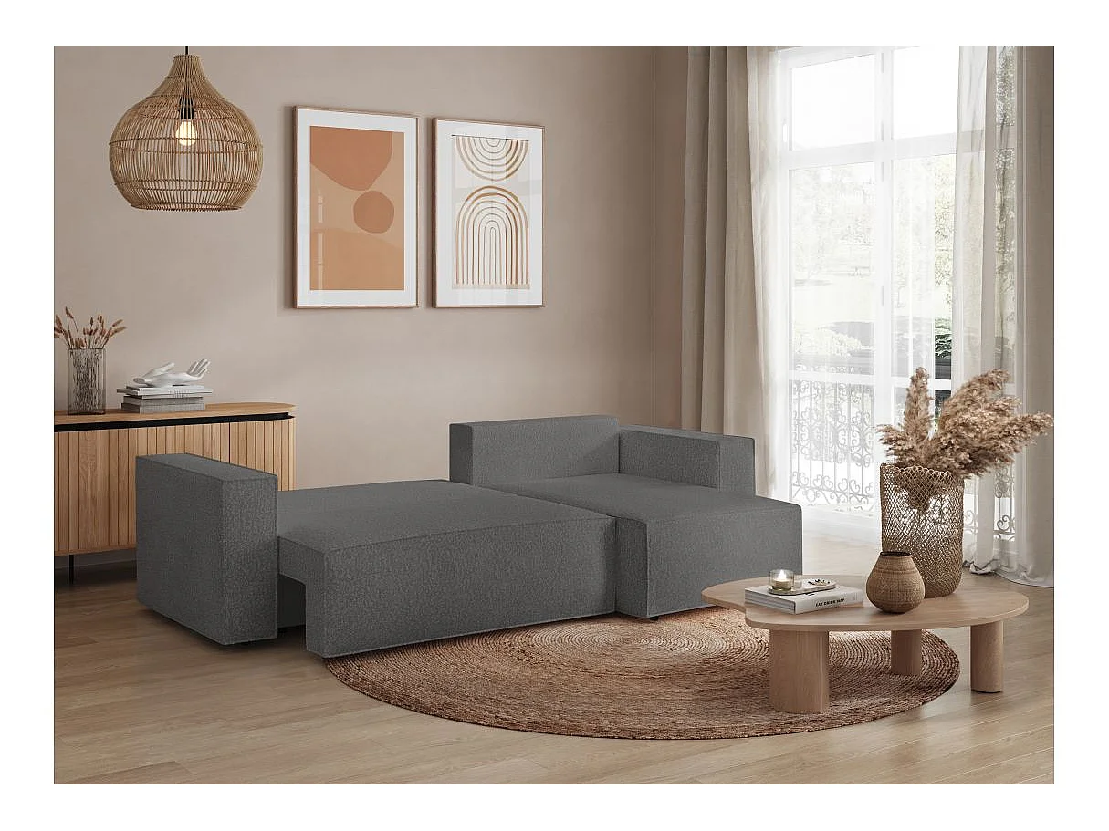 Canapé d'angle convertible 3 places avec coffre en tissu gris